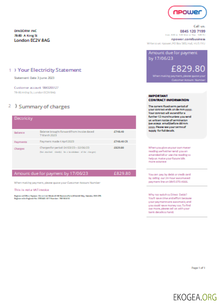 Facture commerciale du service public Npower, version 2, SCR